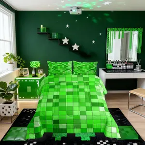 Geometric Grid Kids Comforter Set,Patchwork Square Video Games Bedding Set,Boys Room Decor,Gradient Gaming Quilt Comforter,Green Duvet Set,Bedroom Quilt Set