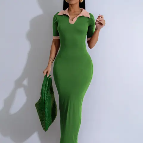 Women's Colorblock Polo Collar Dress, Vintage Chic Fitted Short Sleeve Dress for Summer, Summer Dresses, Women's Clothing for Daily Wear, Casual Fashionable Dress, Casual Beach Sundress