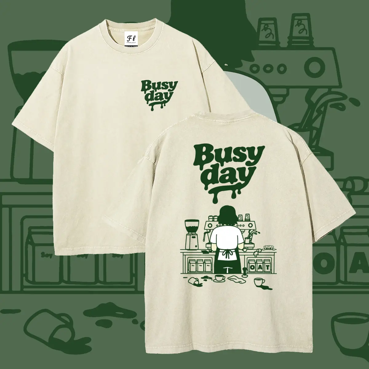 Busy day Barista at work flustered Minimalist Line Art Style Unisex Plus Size Summer Graphic Tees Personalized Pattern Y2k Clothing Round Neck Short-Sleeved Washed T-Shirt,Women's Clothing 100% Cotton, Menswear, Top, Vintage Style, Casual Oversized