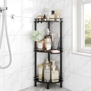 Corner Shower  Standing, 3 Tier Rustproof Metal Shower Organizer with Soap Holder, Floor Shower Corner Shelf Rack Storage Stands with Adjustable  & 2 Hooks for Bathroom, Black