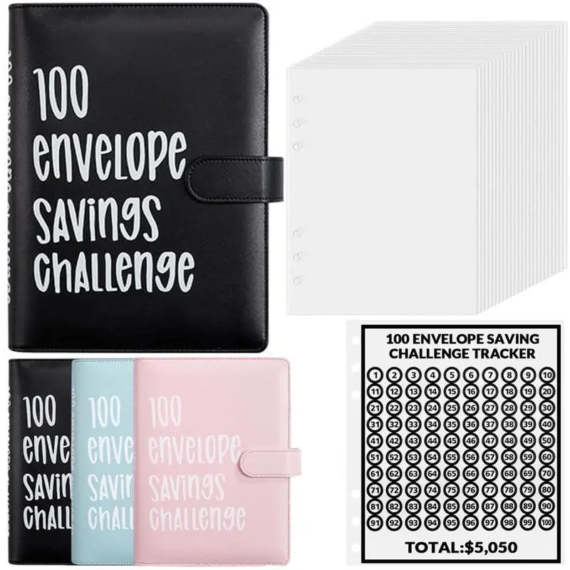 100 Envelope Money Saving Challenge Binder,Save $5,050 Fast,A5 Budget Organizer Book with Cash Envelopes & Number Stickers,Black, Cash Stuffing Binder,Pink, Blue, Father's Day Gifts