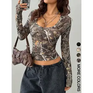 Women’s camouflage print V-neck slim-fit long-sleeve summer tee, women’s top for daily wear GARMENTARY
