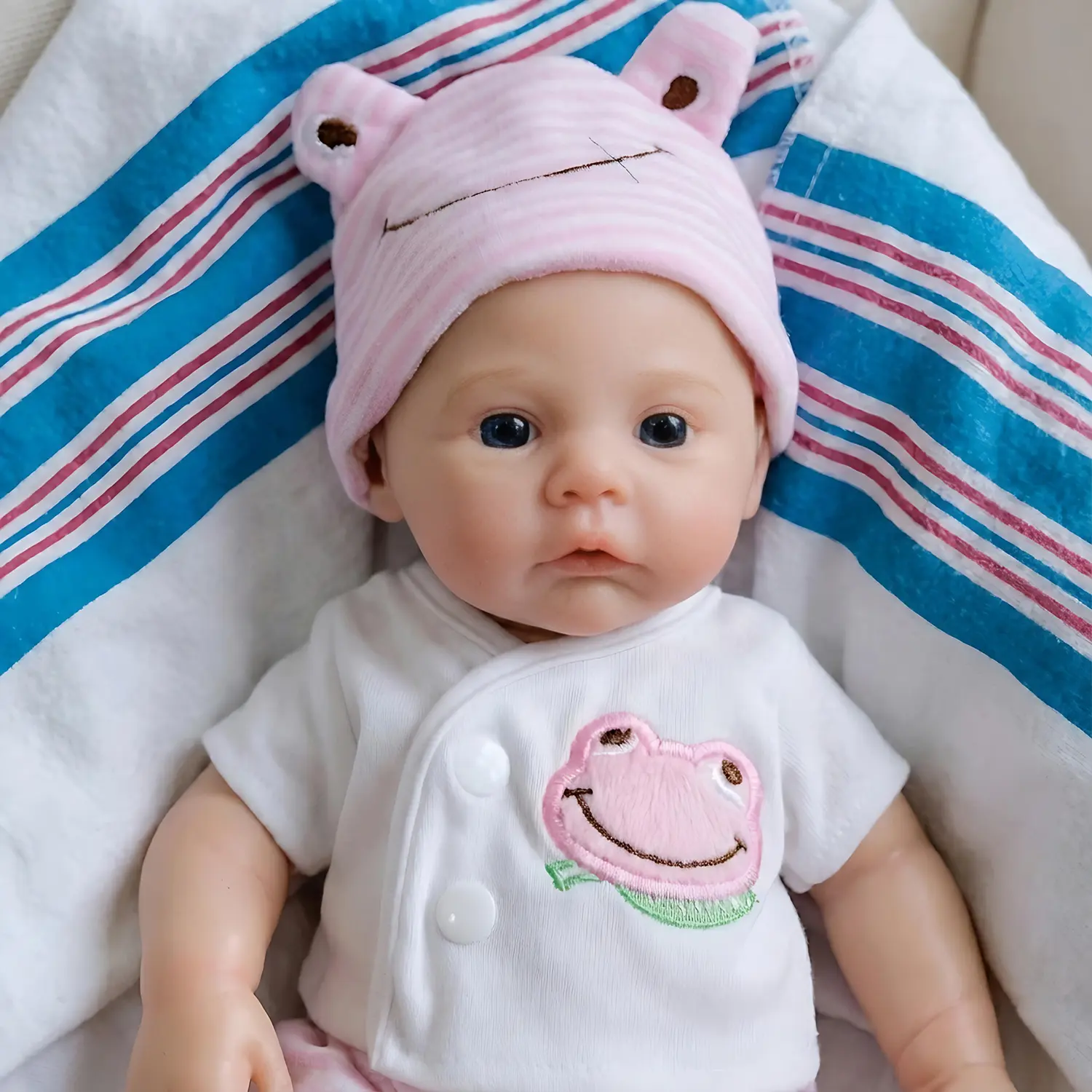 Lifelike Soft Silicone Reborn Baby Newborn SIze Girl Doll 12 Inch with Awake Blue Eyes Open Mouth Soft Touch Realistic Details Weighted Body Babydolls Cute Face Dolls Toy Premium Gift Set with Outfit Ideal for 3+ Years, Dolls Clothes Accessories
