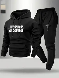 Men's Fall Hoodie Set with Jesus Print, Casual Style Sweatshirt & Pants, Perfect for Daily Wear & Social Outings