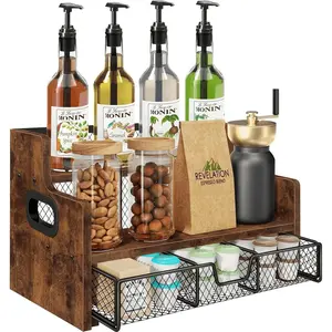 Coffee Syrup Rack Organizer, 3-Tier 8 Bottles Syrup Holder Stand with 35 K Cup Storage Basket Drawer for Coffee Bar, Wood Liquor Shelf Wine Rack Countertop for Home, Rustic Brown