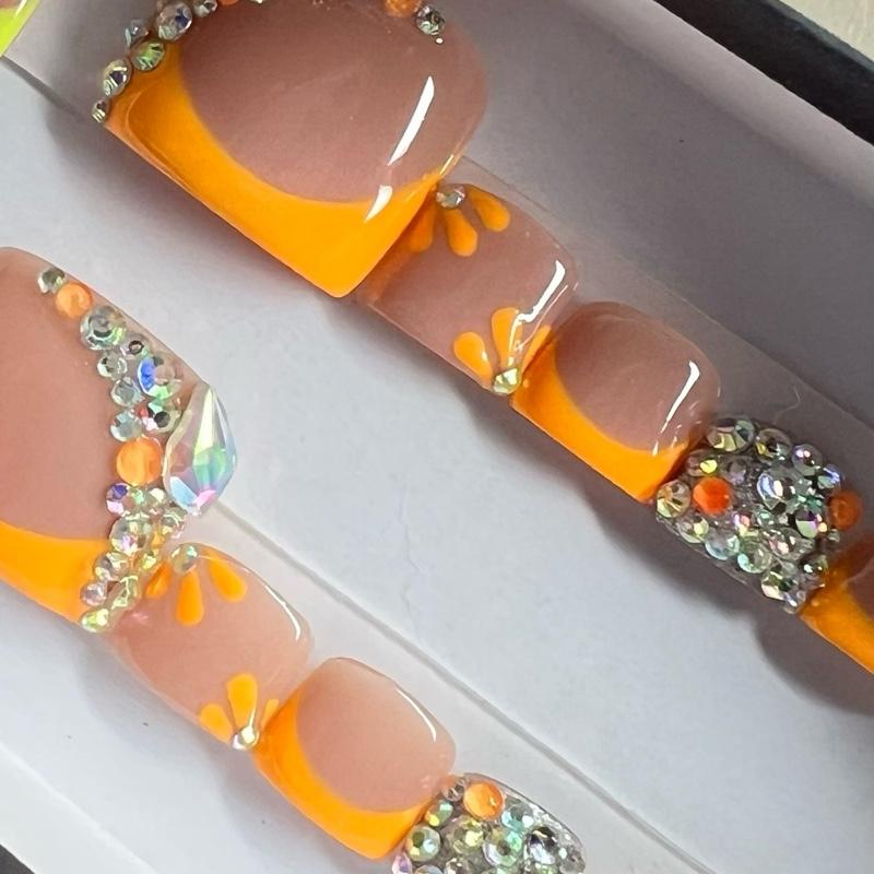 Pedicure Set with Orange Bling Design Featuring Sparkling Rhinestones and Vibrant Orange Accents for Stylish Foot Care