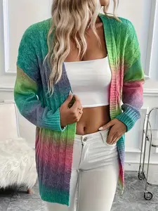 Plus Size Women's Soft Ombre Cable Knit Sweater, Loose Fit Open Front Cardigan, Warm & Comfortable Outerwear for Daily Wear