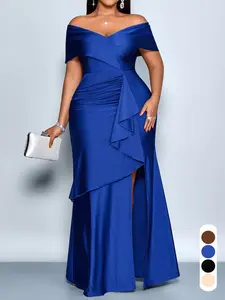 Plus Size Summer Elegant Sexy Plain Women's Dress, Plus Size Deep V Neck Short Sleeve High Waist Ruffle Split Bodycon, Fashionable & Chic