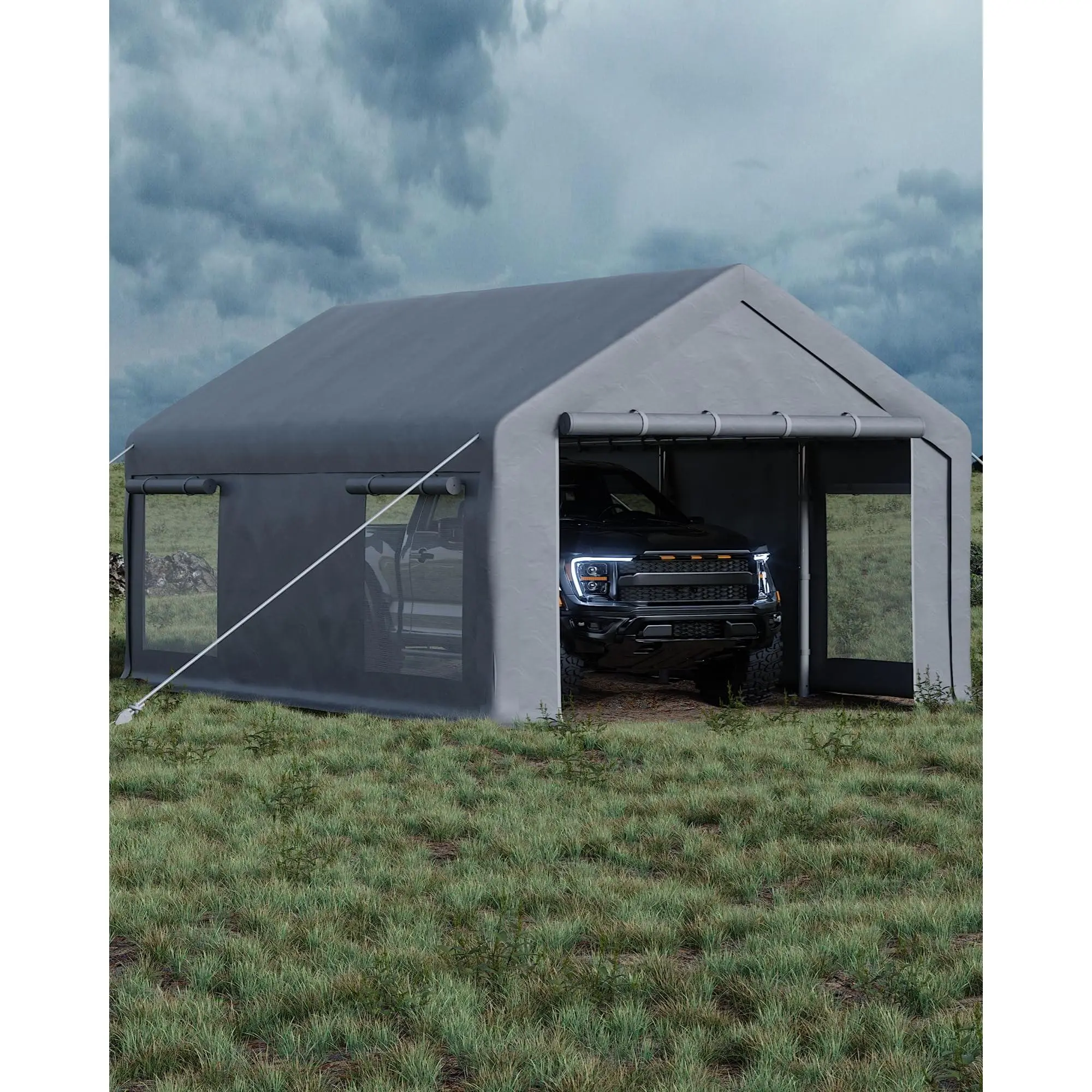 Gaomon Galvanized Steel Frame Carport (12x20 ft, 240 sqft) - Self-Install Outdoor Shelter for Full-Size Pickups, SUVs, Parties, with 200 g PE Tarp, Roll-Up Door, 4 Windows