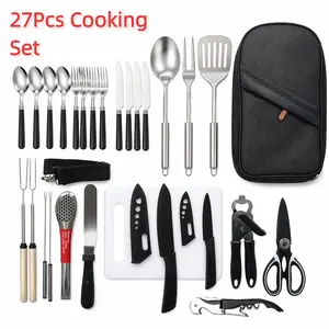 10/27Pcs Camping Kitchen Utensil Cookware Kit, 304 Stainless Steel Material Outdoor Cooking And Grilling Utensil Organizer Travel Set Perfect For Travel, Picnics, RVs, Camping, BBQs, Parties And More