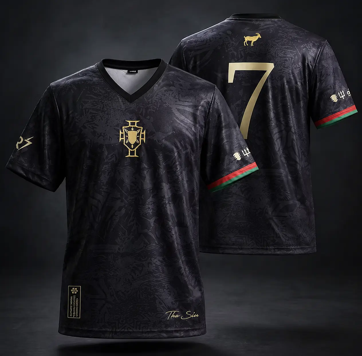Ronaldo #7 Portugal Soccer Jersey, Black Gold V-Neck Football Shirt, Portugal National Team Fan Jersey, Short Sleeve Sportswear, Gift for Ronaldo Fans