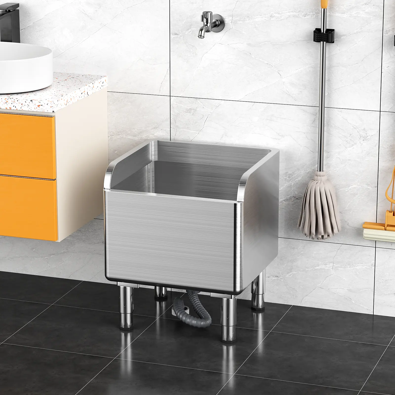 Commercial Stainless Steel Floor-Mounted Mop Sink with High Barrier Design, Adjustable Feet, Seamless Welding, 45cm/17.72in L x 16.1in W x 21.6in H Round Edge, Detachable Filter, Large Drainage, Anti-Corrosion for Laundry Rooms, School Janitor Closets, 1