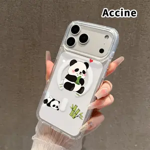 Clear Phone Case for iPhone 16 Pro Max Plus 15 14 13 12 11 E Playful Panda Pair  Pattern Magnetic Sunction Acrylic Back Full Body Protective Cover