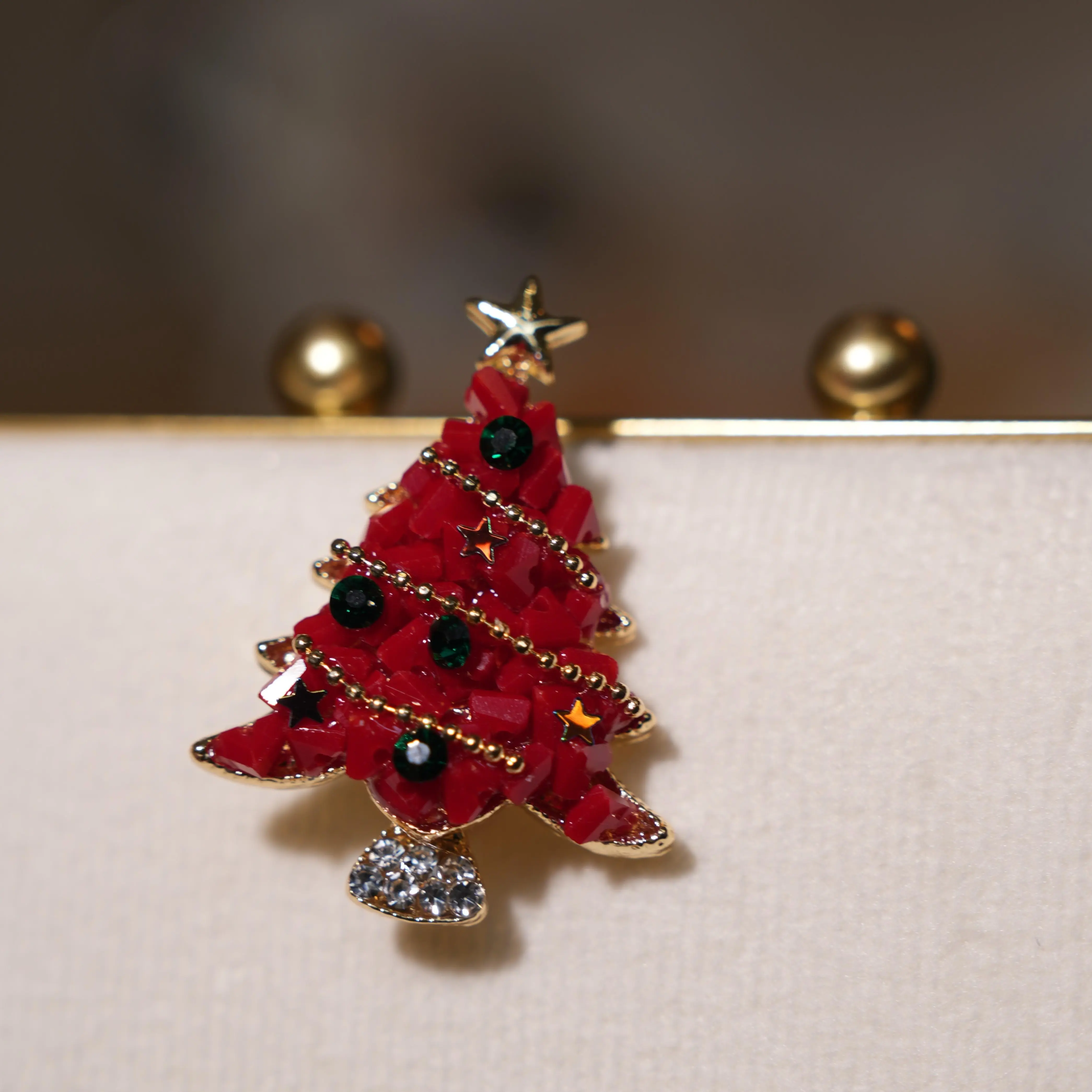 Vintage Red Christmas Tree Brooch With Green Crystal Holiday Accessory