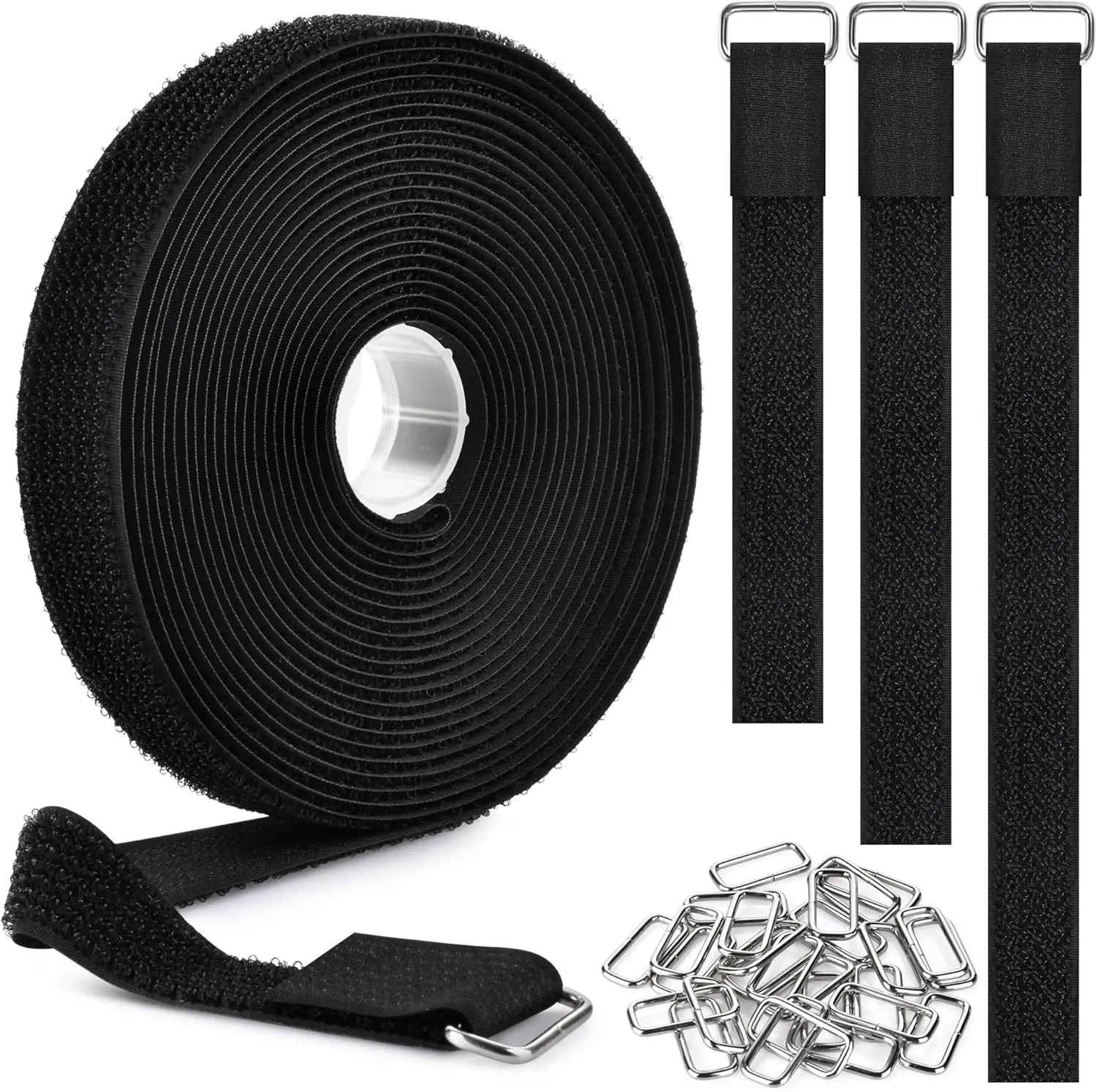 1in x 39.4ft Synthetic Nylon Hook and Loop Fastening Tape Roll with 60 Buckles, Adjustable Cut-to-Length Ties for Outdoor Activities, Shoes, Bundling Cables and Wires