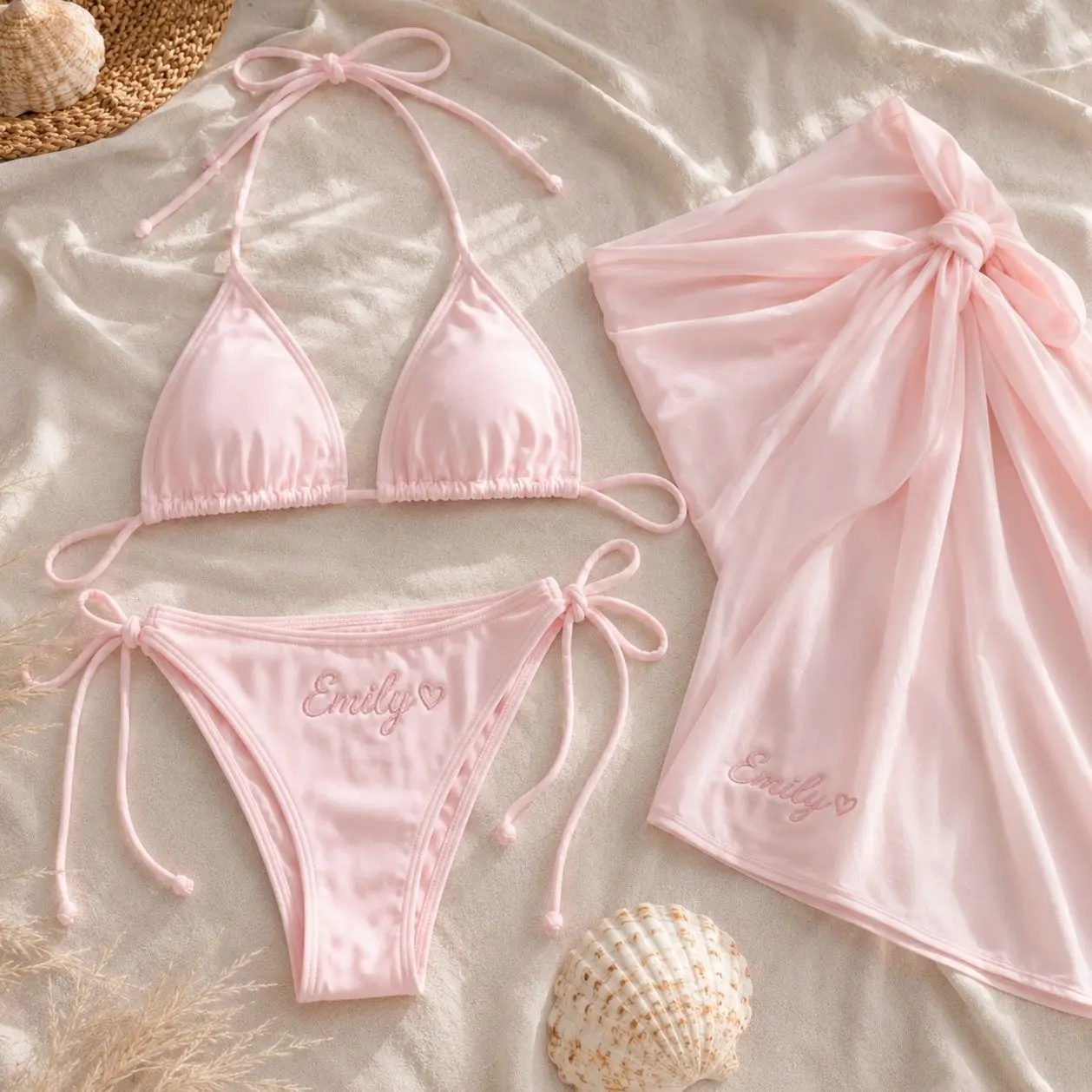 Personalized Embroidered Bride Bikini Set with Matching Sarong, Custom Name Bridal Swimwear for Honeymoon & Bachelorette Party