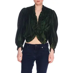 Victorian Arsenic Green Silk Taffeta  Shirred & Ruffled Blouse With Spring Boning
