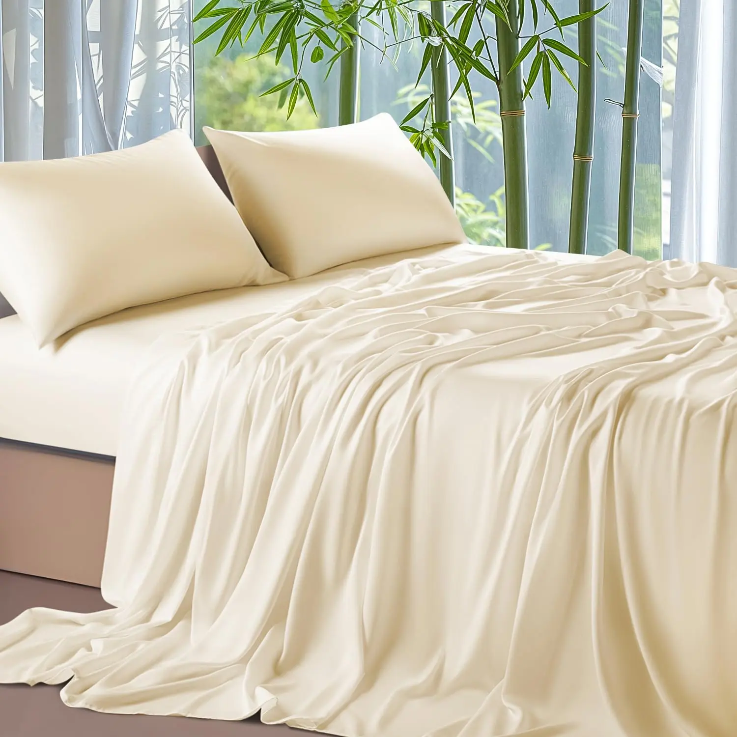 Classic 4-Piece Rayon Bamboo Cooling Bedding Set - Hotel Style Bedding, Silky Weave, Silky Bedsheets, Breathable Sheets, Wrinkle-Resistant, Fade-Resistant, 16in Deep Pockets, Moisture-Absorbent, Durable Luxury Sleep Linens