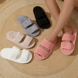 Cozy Plush Striped House Slippers, Women's Open Toe Warm Indoor Slides with Non-Slip Sole, Soft Fuzzy Slippers for Home
