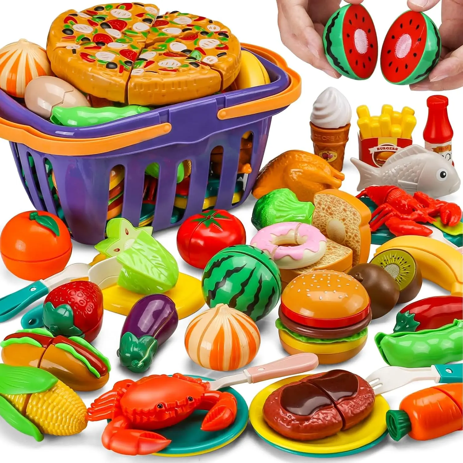 87 Pcs Cutting Play Food Kitchen Set for Kids, Pretend Fruit &Vegetables | Fake food with Storage Basket, Fake Food Toys for Toddler&Baby, Educational Gift for Girls Boys Children Birthday