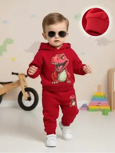 Spring Autumn Baby Boys Cute Cartoon Dinosaur Print Fleece Hooded Long Sleeve Sweatshirt and Pants Set, Casual Two-Piece