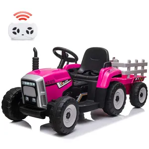 12V Kids Ride On Tractor with Trailer, 25W Dual Motors, 3-Gear Shift, 7 Led Headlights, and Mp3 Player - Ride-On Toy for Toddlers Ages 3+(Rose Red)