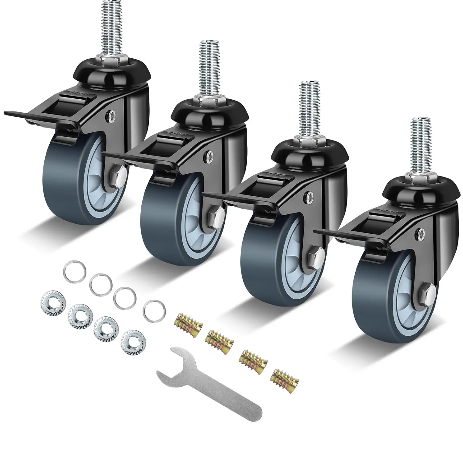 2 inch Swivel Caster Wheels Set of 4,Heavy Duty Stem Caster Wheels 600lbs,3/8"-16 x 1(Stem Diameter 3/8", Length 1"),Industrial Castor Wheels with Safety  Locking for Furniture,Cart