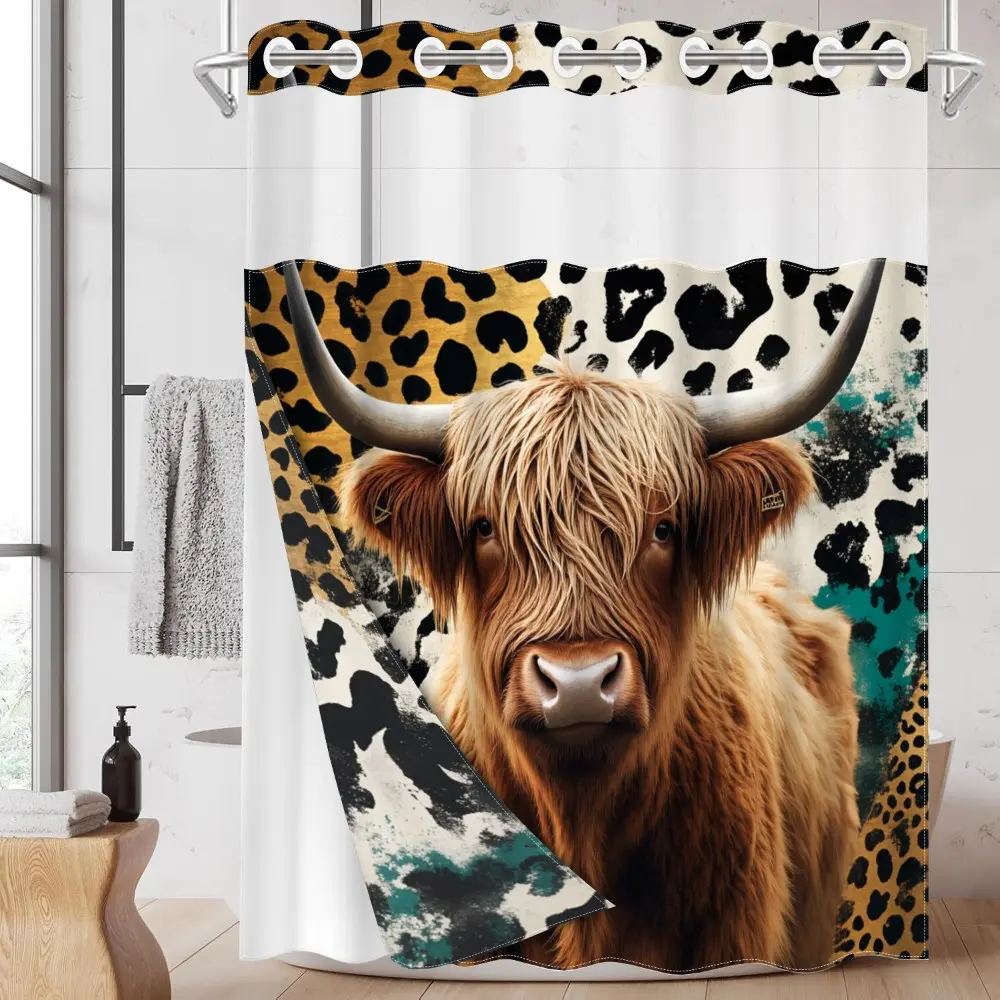 1pc hookless shower curtain with buckle lining, 2D flat printing of brown cow leopard spots, waterproof fabric lining, double-layered shower curtain with see-through window design, 71 x 74 inches, Aesthetic shower curtain, Shower Curtain Liner