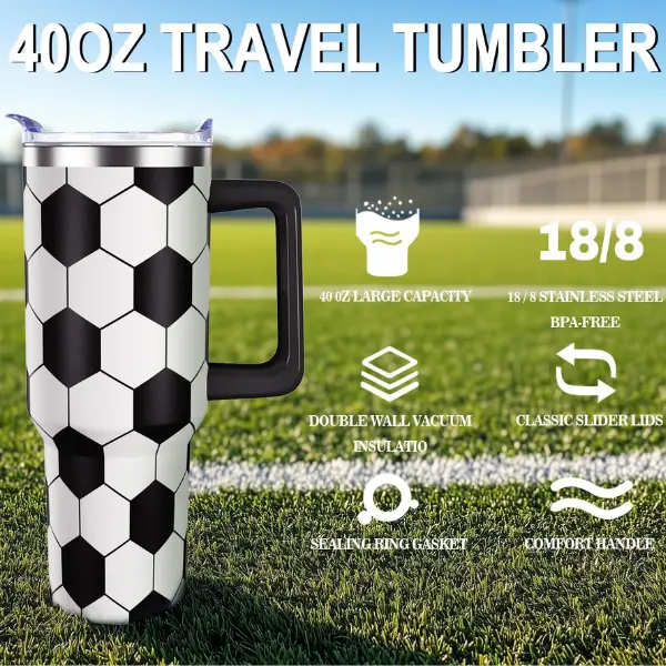 Soccer Ball Tumbler 40oz with Handle and Straw Lid, Insulated Stainless Steel Travel Mug, Soccer Print Design, Sports Gift for Soccer Lovers Players, Personalized Tumbler Cup for Kids Men Women