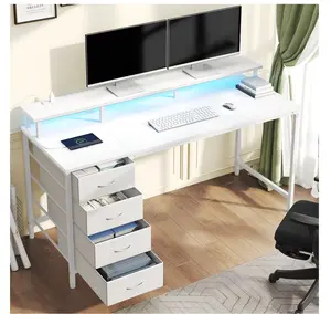47-Inch Computer Desk with Power Outlets and LED Lights, Gaming Desk with 4 Drawers and Monitor Stand for Small Spaces, White