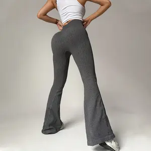 Women's High-Waisted Ribbed Flared Yoga Leggings - Super Soft Stretchy Hip Lift Compression, Loose Fit Long Pants for Gym, Workouts & Casual Wear, All-Season Machine Washable Yoga Pants, Workout Leggings, Comfortable Fabric, Activewear Bottoms