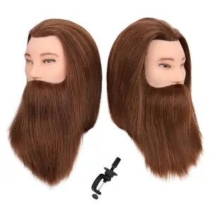 Male Mannequin  with Human Hair Barber Mannequin  Beard Practice Male Haircut  Manikin  Doll  for Hairdresser  Styling with Clamp Stand-Brown