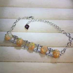 <PingEast Jewelry>Opal bracelate--925 Sterling Silver Interlocking Link Bracelet set with 5 natural 2ct Australian opal gemstones. Simple, elegant, and delicately refined — a timeless piece that pairs effortlessly with any outfit and is perfect for any oc