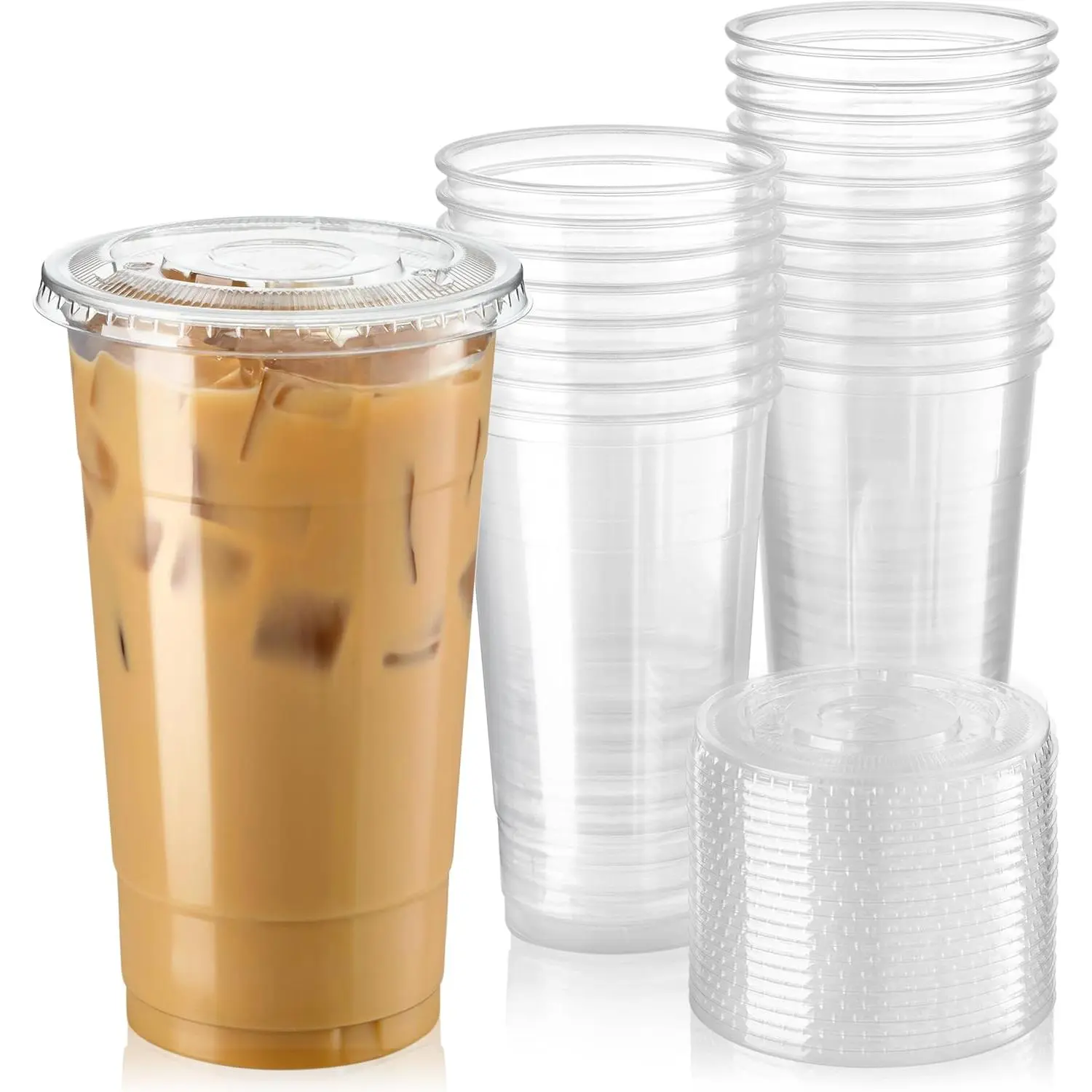 50 Pack 32 oz Clear Plastic Cups with Flat Lids, Disposable Iced Coffee Cups,    Smoothie Cup for Party, Lemonade Stand, Cold Drinks, Juice, Milkshake