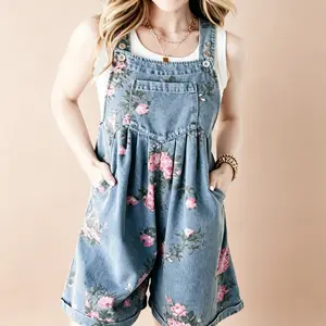 Women's Vintage Cute Floral Print Strappy Pleated High-Waist Wide-Leg Denim Jumpsuit, 50% Polyester 50% Cotton, Adjustable Straps, Comfortable Breathable Flower Power Overalls