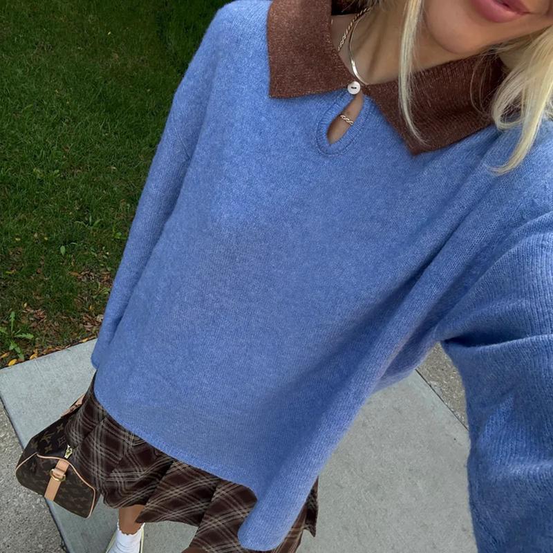 Women Y2k Color Block Polo Sweaters Long Sleeve Lapel Loose Knitted Tops Preppy Teens Oversized Jumper Tops Party Streetwear