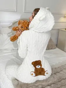 Women's Cute Teddy Bear Embroidered Hooded Plush Jumpsuit, Comfortable Fashion Design, Perfect Gift for Her, Casual Fall & Winter Wear
