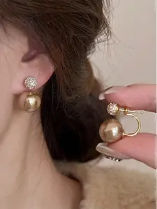 Elegant Korean Style Champagne Pearl & Rhinestone Stud Earrings, Perfect for Daily Wear & Parties, Stylish Accessory for Women