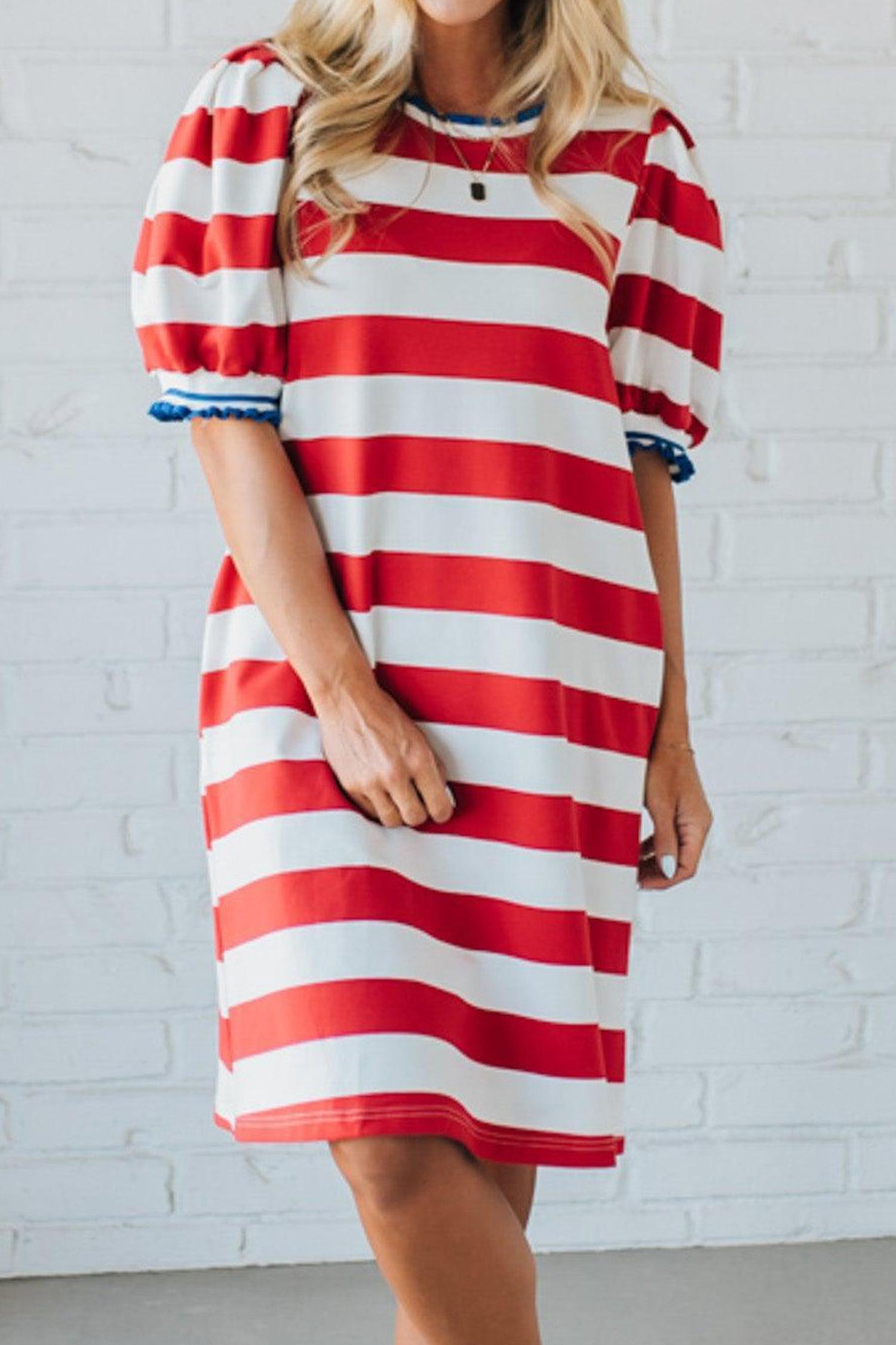 Mntaor Women's Summer Striped Shift Mini Dress - Contrast Trim, Round Neck, Puff Sleeves - Flowy, Comfortable, Y2K Aesthetic - Ideal for Office Casual, Weekend Outings - Pair with Wedges or Boots