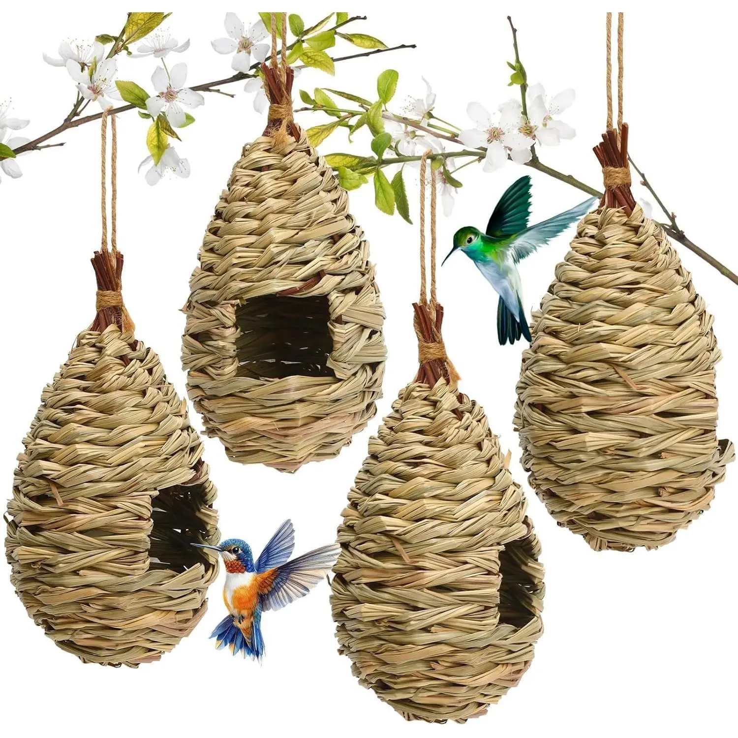 4 count Hummingbird Houses, Bird Nest with  Rope Hand Woven Finch Birdhouse Bird Hut for Outdoor Gardens Patios Balconies Decoration Birdwatchers Gardeners Gifts
