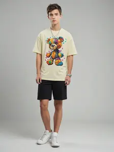 Hipster-style little bear Men's Summer Cartoon Bear Printed Round Neck Short Sleeve Casual T-Shirt Unisex Top Classic Cotton Loose Fit Garment  Menswear  Streetwear  Tropical