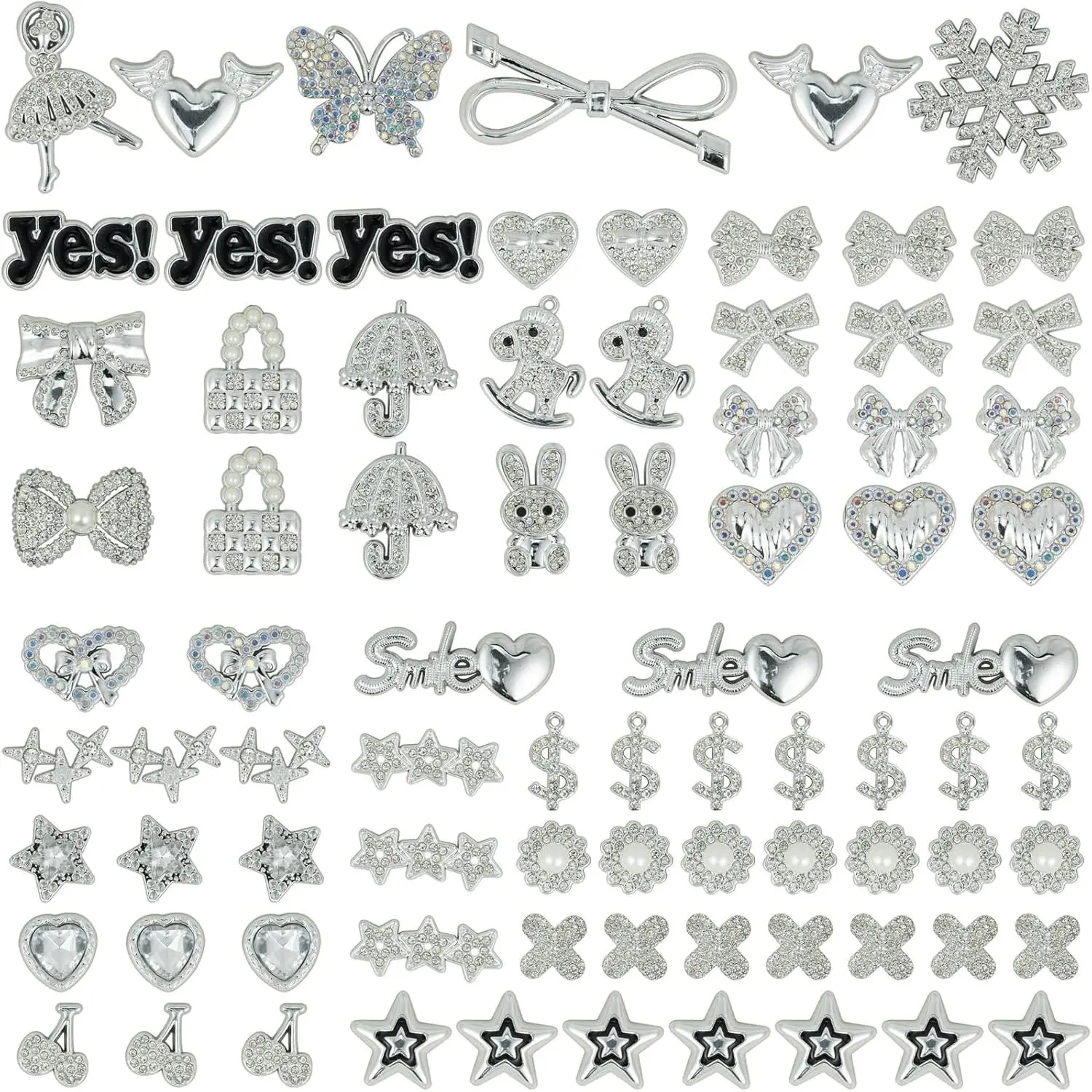 80Pcs Bling Flat Back Junk Charms Bulk, Silver Rhinestone Charms for Junk Socks, Hearts Bows Stars Bunnies Cute DIY Decorations for Women Girls