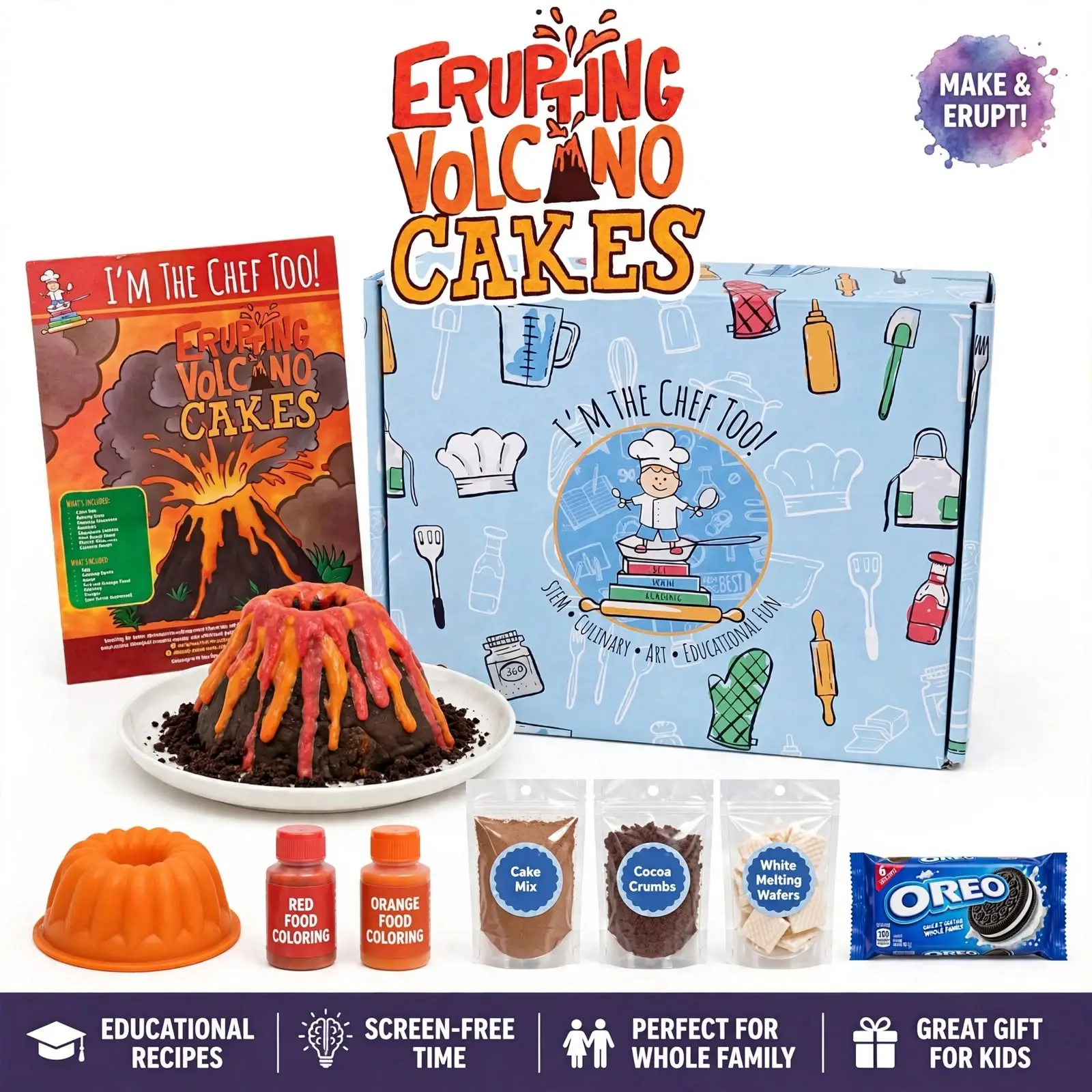 I'm The Chef Too! Erupting Volcano Cakes Kit for Kids Ages 4-14, STEM Science Experiment & Baking Activity for Girls and Boys, Screen-Free Educational Gift & Homeschool Learning