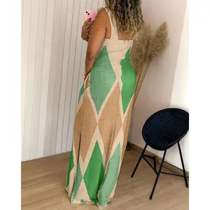 Women's Bohemian Summer Dress with Geometric Print Slim Fit Sleeveless Elastic Waistband&Side Pockets for Casual Outings Strap Thick summer outfits milkmaid dress birthday dress green dress sweater dress Colorful Elegance Womenswear Fashion Fitted Style