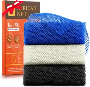 3 Pieces African Bath Sponge African Net Long Net Bath Sponge Exfoliating Shower Body Scrubber Back Scrubber Skin Smoother,Great for Daily Use(Blue,Black,Off-White)