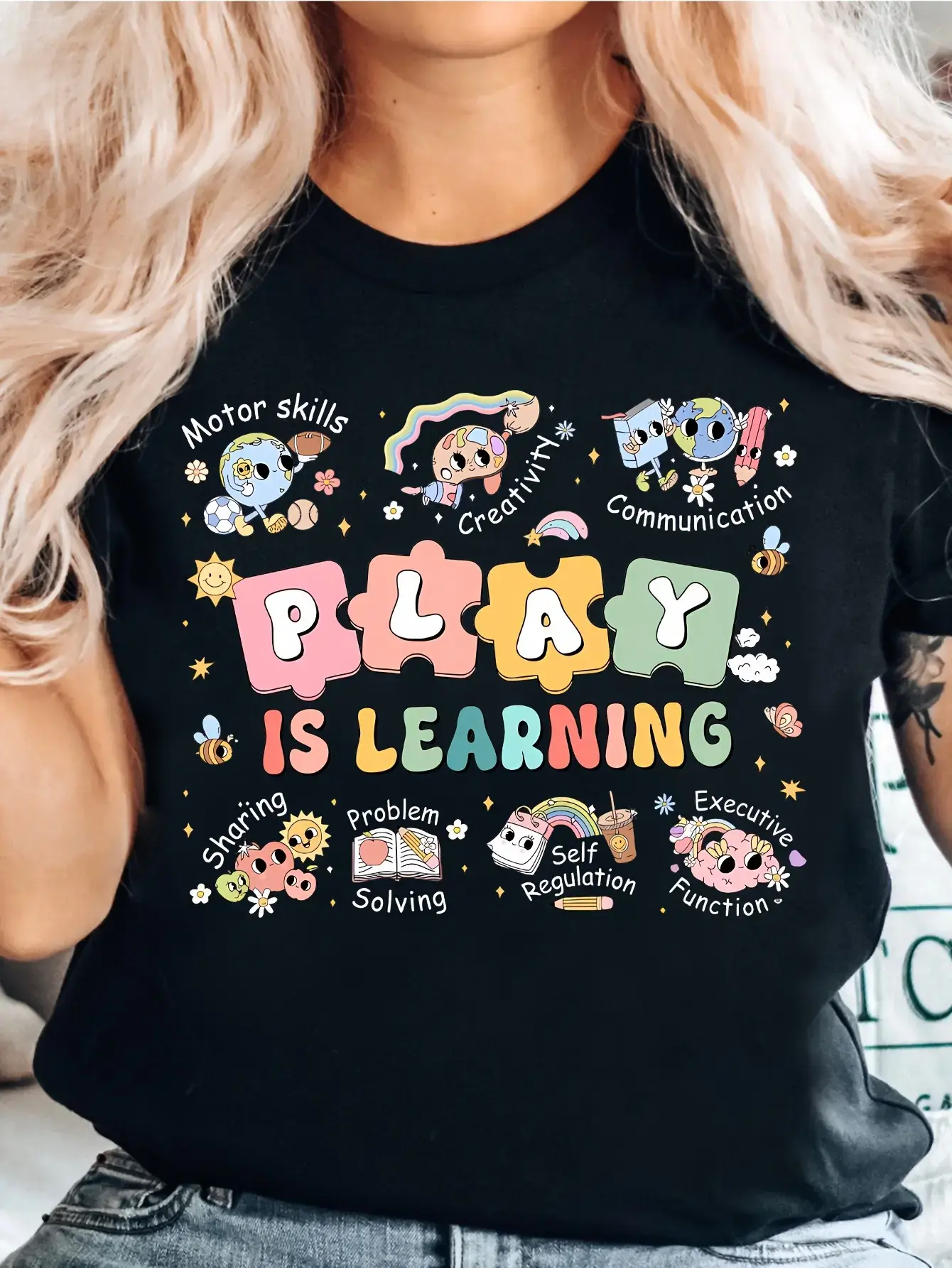 Women's 100% Cotton Custom Round Neck Short Sleeves Casual T-Shirt - Puzzle Piece Graphic Print Tee for Preschool Teachers