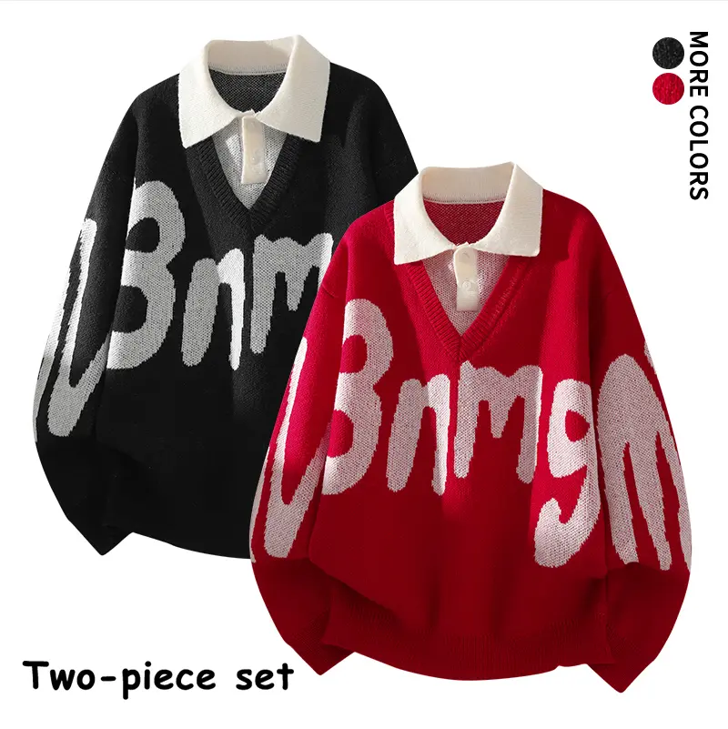 Men's Casual Long Sleeve Oversized Drop Shoulder Mock 2-Piece Polo Knit Top, Bold Letters Jacquard Print Pullover, Street Style Fall SohoChic Couple Matching Wear