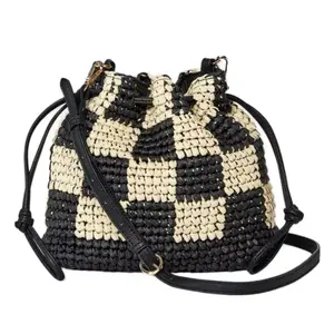 Universal Thread Woven Straw Bucket Bag Black Checkered Cross Body Purse NWT with Adjustable Strap and Zipper Closure