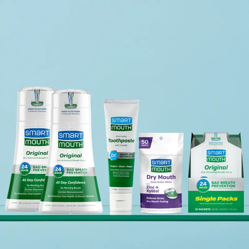 SmartMouth Fresh Breath Bundle – Original Zinc Activated Mouthwash (10.82oz 2 Pack) + Toothpaste (6oz) + Dry Mouth Mints (50 Count) & Original Travel Packs (10ct Box) | Fresh Breath & Oral Care