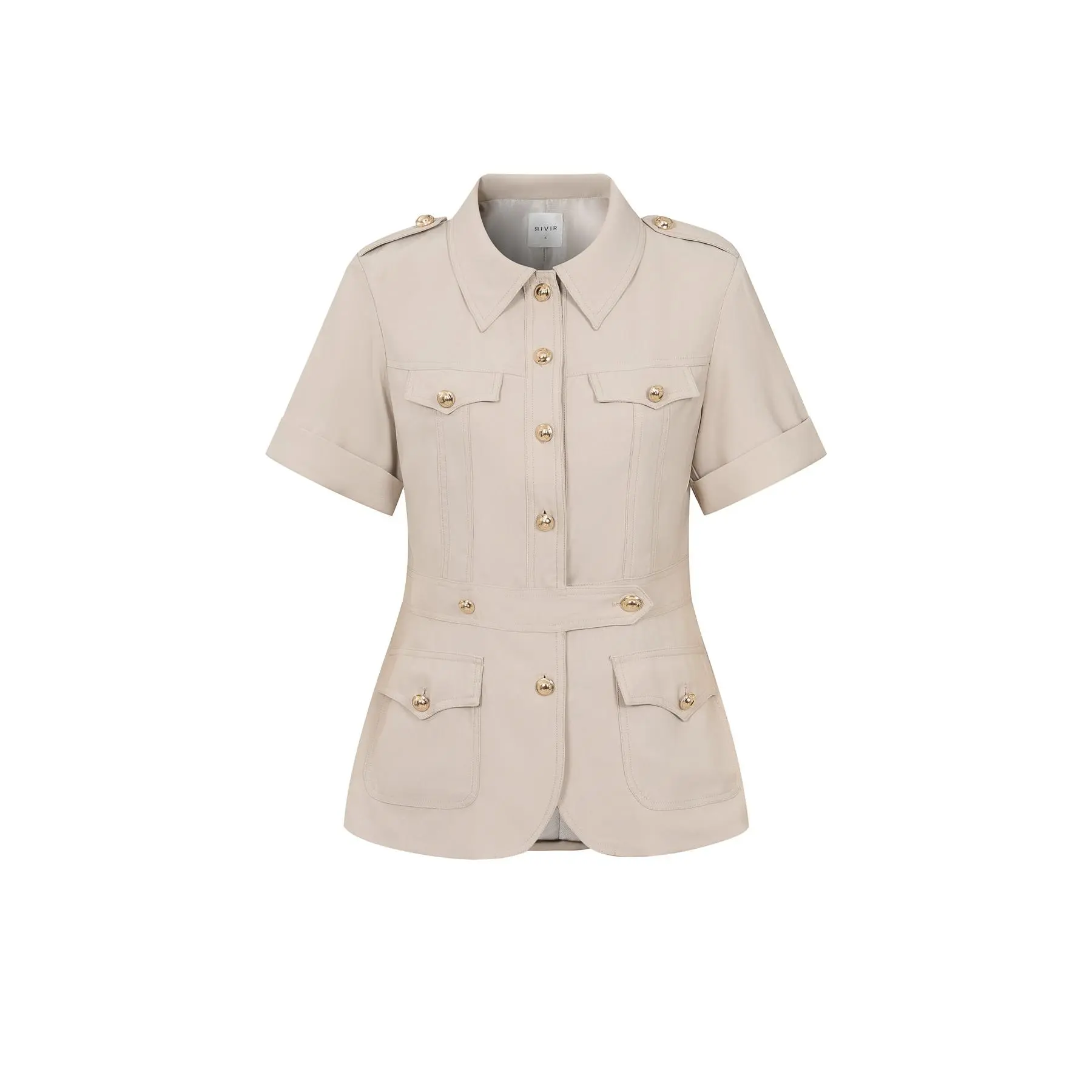 Woven Short Sleeve Safari Jacket with Gold Accent Buttons